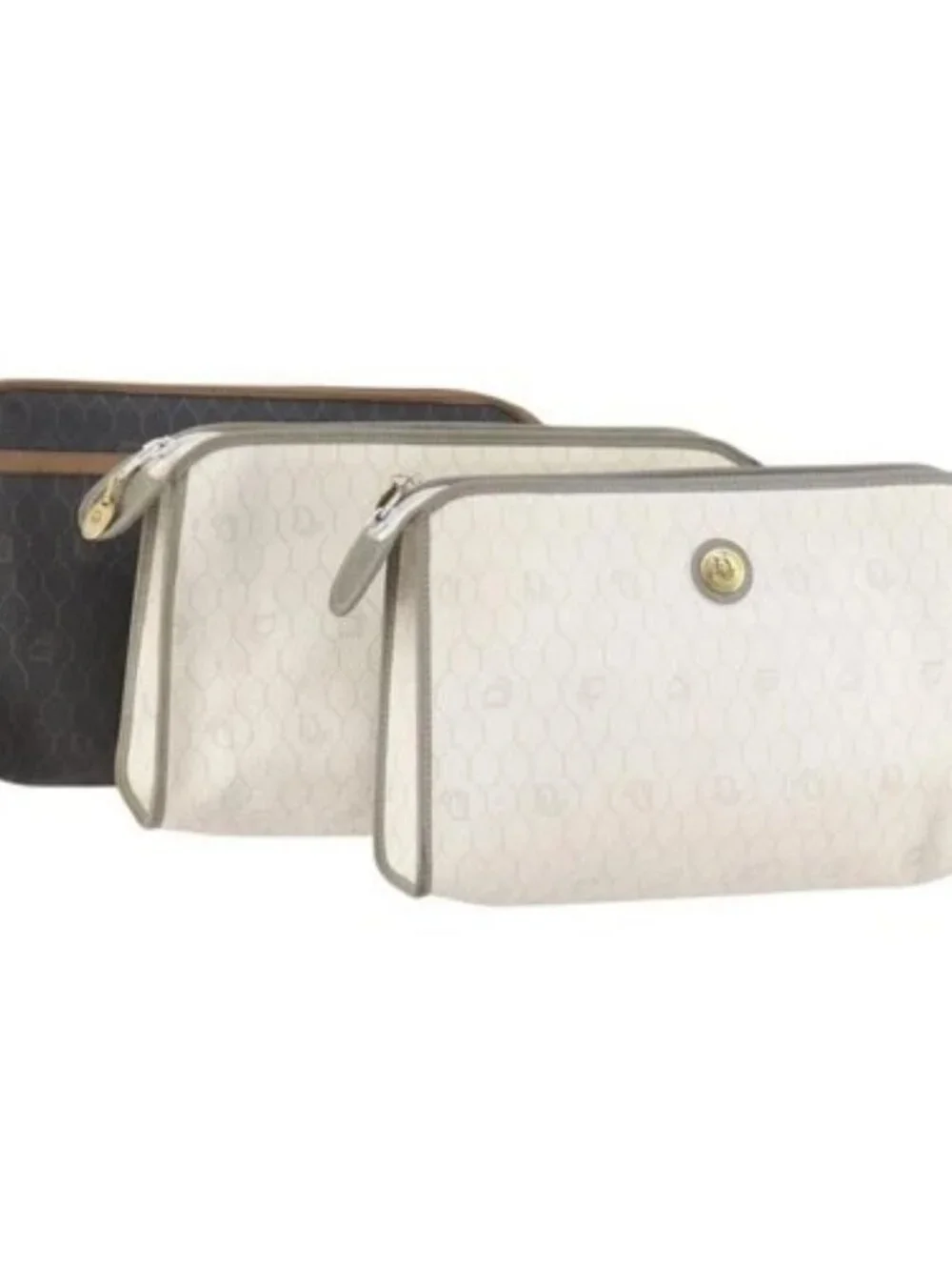 Christian Dior Honeycomb Canvas Clutch Bag PVC 3 Set White Black Auth fm5350